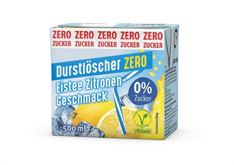 Durstlöscher Zero Eistee Zitronen-Geschmack 500 ml | Zuckerfreies Erfrischungsgetränk Eistee Zitronen-Geschmack im Tetra-Pack mit Strohhalm von Wesergold