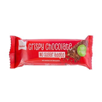 Xucker Crispy Chocolate Riegel 40 g| Vorderseite Mehrschicht Eiweißriegel mit Knusperstückchen und Schokoladenüberzug
