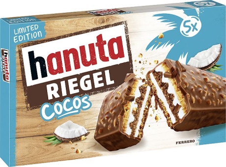 hanuta Riegel Cocos 5er Packung 172,5 g | Riegel aus Waffeln mit Kokoscreme und Milchschokolade einzeln verpackt von hanuta