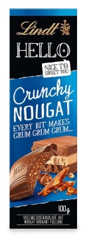 Lindt Hello Nougat Crunch 100 g| Gefüllte Vollmilch-Schokolade mit Nougat, Haselnusskrokant und Waffelstückchen