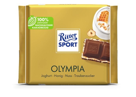 Ritter Sport Olympia 100 g | Quadratische Vollmilchschokolade gefüllt mit Magermilchjoghurt-Creme, Haselnuss-Stückchen und Honig-Crisp von Ritter Sport