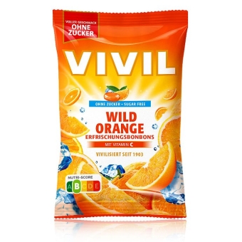 Vivil Erfrischungsbonbons Wild Orange ohne Zucker 120 g| zuckerfreie Erfrischungsbonbons mit Wild Orange-Geschmack
