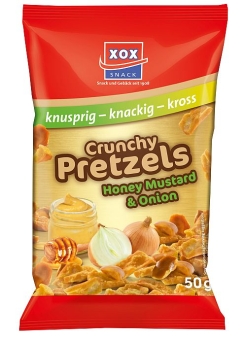 XOX Crunchy Pretzels Honey Mustard & Oinion Mini-Pack 50 g - Laugengebäckchenstückchen mit Honig, Senf und Zwiebeln