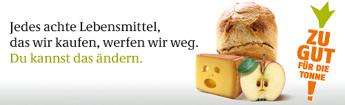 Banner für die Kampagne 'Zu gut für die Tonne' mit dem Schwerpunkt Lebensmittelverschwendung, das ein Bild mit dem Text 'Zu gut für die Tonne' zeigt.